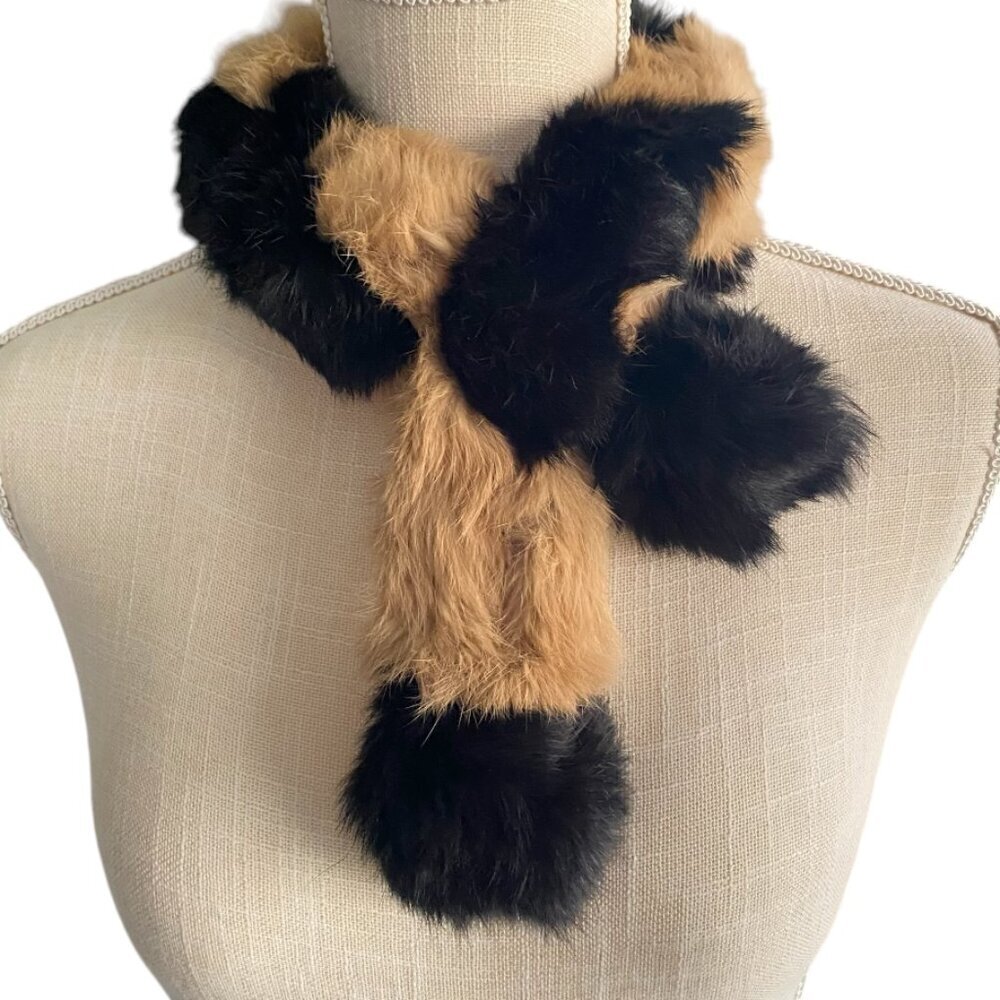 100% Rabbit Fur Tan and Black Loop Fasten Scarf​​​​​​​​​